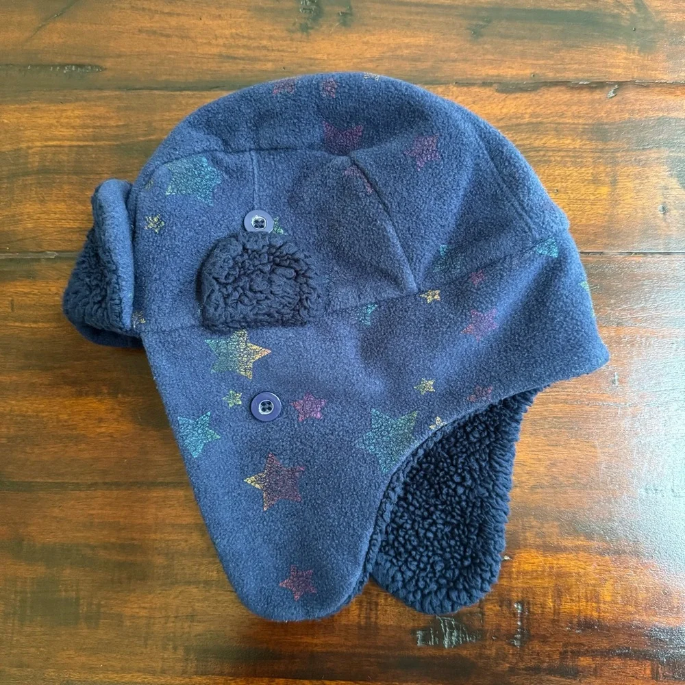 Gap Kids Girls Navy Blue Fleece Foil Star Aviator Trapper Winter Hat S/M